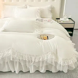 MOOWOO Chic Ruffle Lace Polyester Duvet Cover Set -Girl White Bedding-2 Piece Twin Duvet Cover with Zipper Closure -Ultra Soft and Light Weight (White,Twin)