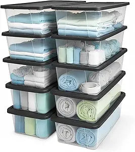 HOMZ 10-Pack Snaplock, Small Clear Plastic Storage Organizer Bins w/Lids, 6 Quart, Gray - Stackable Container Boxes for Bedroom, Bathroom, Garage, and Office Organization