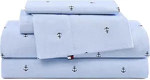 Tommy Hilfiger Queen Size Sheet Set, Soft Cotton Percale Bedding with Crisp Cooling Comfort, Deep Pocket Fitted Sheet with Matching Pillowcases, Americana Decor (Nautical Anchor Light Blue)