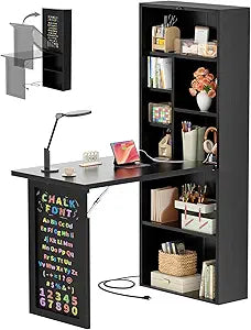 Armocity Small Folding Desk with Outlets, Convertible Writing Desk for Small Spaces/Home Office/Craft Room, Multi-Function Desk Workstation with Blackboard, Fold-Out Cabinet Table, Black