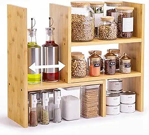 RattanView Spice Rack Organizer Expandable Kitchen Countertop Seasoning Organizer 3 Tier Stackable Wooden Spice Rack Bamboo Counter Corner Shelf for Bathroom Counter Storage Pantry Coffee Bar Desktop