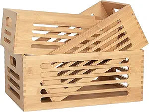 ANMINY 3PCS Bamboo Wood Storage Bins Natural Wooden Boxes Crates for Storage, Decorative Wooden Basket Container with Handles for Home Kitchen Shelf Cabinet Drawer