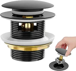 BOTEMY Solid Brass Pop-Up Drain with Overflow for Freestanding Tubs, Tool-Free Installation Bathtub Drain Stopper with Matte Black Finish, Universal Fit 1.8" Hole, Leak-Proof Heavy DutyMatte Black