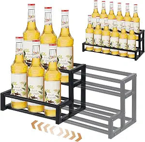 Expandable Coffee Syrup Organizer Adjustable 12.6"22.8" Metal Liquor Bottle Display Shelf, Heavy Duty Coffee Bar Storage, Tabletop Wine Racks for Cafe, Home Bar, Kitchen (Black)