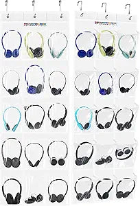 4 Pack Classroom Headphone Storage Organizer with 60 Pockets, PVC Clear Classroom Pocket Chart for Headphone Cell Phone Over-the-Door Hanging Headphone Holder Bag with 120 Labels(White)