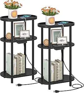 HOOBRO Small Narrow Side Table with Charging Station, 3-Tier Bamboo Narrow End Table, Slim Side Table for Small Spaces, Skinny Oval Nightstand for Living Room, Bedroom, Apartment, Black BB178UBZP201