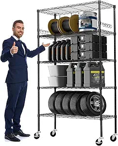 Storage Shelves 75"H Wire Shelving Unit with Wheels 1750LBS Heavy Duty Metal Shelves for Storage Adjustable 5-Tier Garage Storage Rack Kitchen Pantry Shelves Rolling Shelf on Casters, 14"D x36"W x75"H