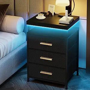 DreamDashio Night Stand with APP Control LED Lights, 3 Fabric Storage Drawers with PU Finish, Floating Top Design, Bedside Table with Open Shelf, End Table for Bedroom, Living Room, Office (Black)