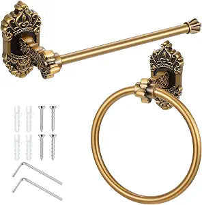 Antique Brass Towel Holder and Vintage Towel Ring Set, 2-Piece Wall Mounted Vintage Toilet Paper Holder with Round Ring for Bathroom, Kitchen, Laundry Room Rustic Hardware Accessories