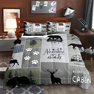 LUVIVIHOME 3PCS Rustic Cabin Comforter Set Queen Size, Moose Bear Wolf Deer RV Bedding, Forest Animal Wildlife Hunting Camping Camper Hunter Lodge Country Bedroom Decor, 2 Pillow Shams