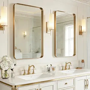 USHOWER Gold Bathroom Mirrors 24"x36" 2 Pack, Brushed Gold Rectangle Mirrors for Over Sink, Aluminum Frame, Anti-Rust, Tempered Glass, Horizontal or Vertical Mounted, Champagne Gold (Neutral Gold)