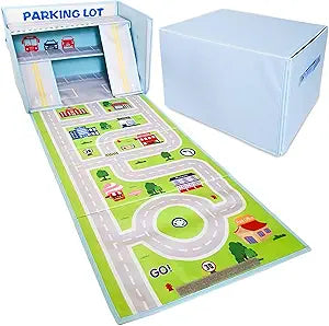 SAM AND MABEL Toy Car Garage Box with Play Mat Kids' Racecar Storage Basket, Stackable and Collapsible Organizer Bin (Cars Not Included)
