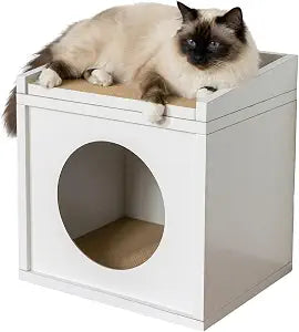 Meowdium Cat House for Indoor Cats Cat Condo with 5X Longer-Lasting Cardboard Scratcher, 2 Scratcher Levels, Hideout & Top Lounge, White