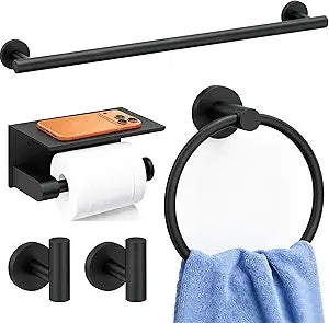 5 Pieces Bathroom Hardware Accessories Set Matte Black, 24Inch Round Towel Racks Set for Bathroom, SUS304 Stainless Steel Towel Bar Set, Toilet Paper Holder with Shelf Wall Mounted