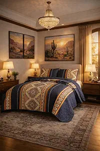 JCrown 3 Piece Bedspread Set ��� Oversized Southwestern Quilt Set, Reversible Boho Aztec Bedding, Soft Lightweight Microfiber Coverlet with 2 Pillow Shams, Navy & Rust, Queen