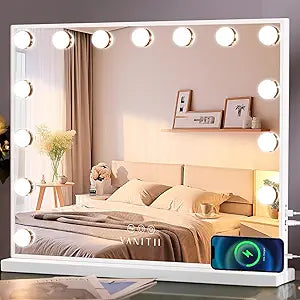 VANITII Hollywood Vanity Mirror with Lights USB Charging 22.8*18.1 Lighted Makeup Mirror with 15 LED Bulbs Dimmable 3 Modes Tabletop for Cosmetic