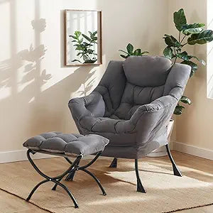 Lazy Chair with Ottoman, Large Dark Grey Accent Chair with Ottoman, Comfy Reading Armchair, Leisure Sofa Chair for Living Room, Bedroom, Dorm Room, Office