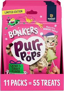 Bonkers Purrpops Xmas Edition Freeze-Dried Catnip & Turkey Flavored Lollipop Treats for Cats, 5 Pack (Pack of 11)