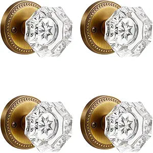 4 Pack Antique Brass Door Knobs Crystal Door Knob Passage Door Knobs Glass Interior Door Knob for Hall and Closet Zinc Alloy