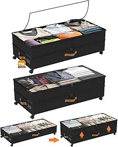 Under Bed Storage with Wheels 2-Pack, 75L XXL Under the Bed Storage Containers Large, 12" Tall Adjustable Storage for Underbed with Lids, Rolling for Shoes, Clothes, Blankets (Black)