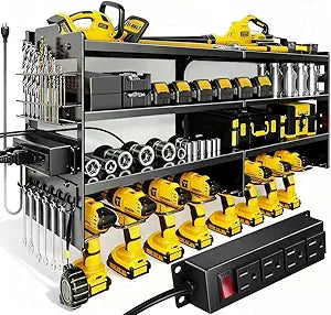 Heavy Duty Power Tool Organizer Wall Mount with Charging Station, 4 Layer Tool Storage Rack with 8 Drill Holder & Power Strip for Garage Workshop