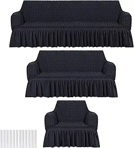 Fanfanwin 3 Pcs Sofa Slipcover Set for Couch Cushion Durable Washable High Elastic Stretchable Furniture Couch Covers with Skirt for Sofa Loveseat Arm Chair(Black,Seersucker)