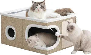Extra Wide Cat Houses for Indoor Cats, Large Covered Cat Cave Beds & Furniture with Scratch Pad and Fluffy Ball,Foldable Cat Hideaway for Multiple Cats,23.6" D x 16" W x 13" H, Khaki