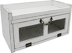 Farmhouse Countertop Storage Organizer, Rustic Wood Kitchen Cabinet with Chicken Wire, Kitchen Pantry Display Shelf, Country Vintage Style. Distress White