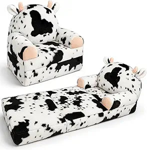 QIUODO Toddler Chair with Faux Rabbit Fur 2-in-1 Foldable Kids Couch, Soft Sofa for Reading, Bedroom or Playroom Use, Ages 1-3Cow