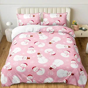 Pink Christmas Duvet Cover Set White Snowflake Bedding Set White Snowman Cute Christmas Bedding Merry Xmas Theme Extra Soft Cozy Winter Duvet Cover Queen Size