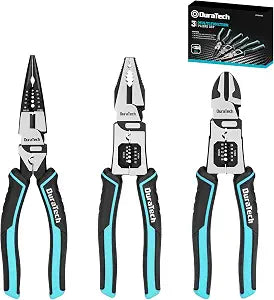 DURATECH 3PCS Pliers Set, Large 6 in 1 Multifunctional Wire Stripper Crimper Cutter, 8.5" Long Nose Pliers, 8.5" Linesman Pliers, 8" Diagonal Side Cutting