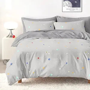 Wake In Cloud - Space Comforter Set, 100% Cotton Fabric, Constellation Cute Star Rocket Astronaut Themed for Teen Kids Boys, 3 Pieces Bedding Set, Light Gray, Full Size