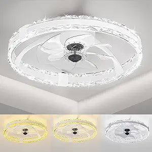 Ceiling Fans with Lights and Remote, 20'' Low Profile Flush Mount Ceiling Fan with 6 Speeds & 3 Color Temperature, 3000-6500K Dimmable Led Fandelier for Bedroom Livingroom, White