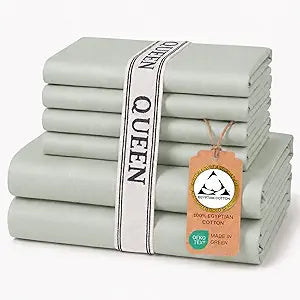 Therapedic 100% Egyptian Cotton Queen 6-Piece Sheet Set Naturally Cooling & Breathable Sateen, Preshrunk Garment Wash, 16" Deep Pocket Fitted Sheet, Bonus Pillowcases, Soft & Durable - Sage