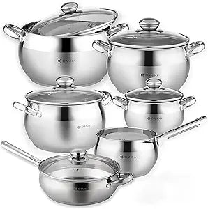 Daniks Classic 11-Piece Stainless Steel Cookware Set with Glass Lids, Includes Saucepan and Frying Pan with Lid, Tri-Ply Bases for Even Heating, Induction Compatible, Dishwasher Safe