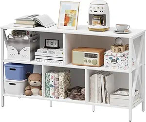Horizontal Bookshelf,Industrial Modern 5 Cube Low Wide Cubby Bookcase,Long Wood and Metal Storage Organizer Open Shelf, Short Book Shelf Bedroom Storage for Home Office Living Room(White,5 Cube)