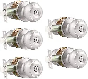 Probrico Bedroom Door Locks, Interior Door Knobs Brushed Nickel, Privacy Door Handles Interior Lock, Keyless Door Knobsets with Lock for Bathroom, 5 Pack