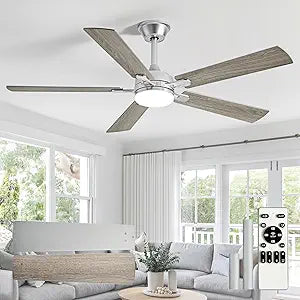 Depuley 52-inch Ceiling Fan with Light: Nickel Ceiling Fan for Living Room Indoor Outdoor - Modern Ceiling Fan with Remote Control 3CCT Dimmable Noiseless 5 Reversible Silver Blades 6 Speeds Timer
