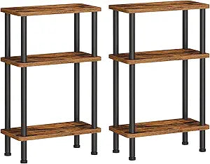 HOOBRO Narrow Side Table Set of 2, 3-Tier Slim End Table No Tools Needed, Twist-On Assembly, Skinny Nightstand Sofa Storage Shelf for Living Room, Bedroom, Study, Rustic Brown and Black BF246BZP201