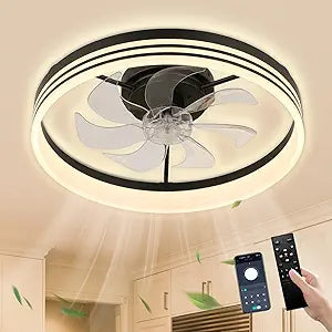 Ceiling Fans with Lights and Remote 20'' Flush Mount Ceiling Fan Dimmable Fandelier LED Fan Light Low Profile Ceiling Fan with 6 Speeds for Bedroom Kitchen and Living Room(Black)