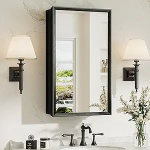 TokeShimi 14 x 24 Recessed Medicine Cabinet with Mirror, Assembly Required, Black Medicine Cabinet for Bathroom, Stepless Adjustable Shelves, Beveled Aluminum Frame, DTC Hinge