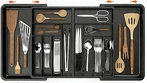 Utensil Organizer for Kitchen Drawer, Expandable Cooking Silverware Tray,Large Silverware Drawer OrganizerPlastic Spatula Tools Storage Divider, 21.6-38", Black