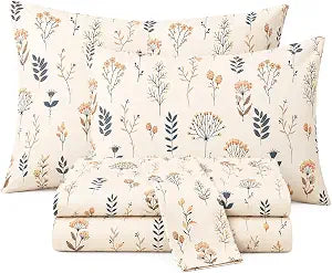 HYPREST Cream Fall Botanical Sprig Print Sheets King Size 16" Deep Pocket
