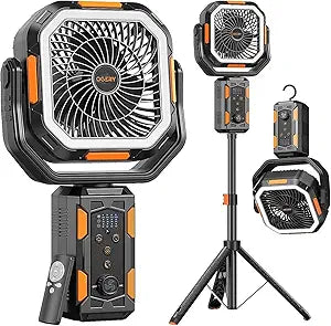 OGERY Camping Fan, Portable Fan with Adjustable Height Stand, 20000mAh Rechargeable Battery Powered Fan with Remote, LED Light, Auto Oscillation, Fast Charging, Floor or Desk Fan for Tent, RV, Travel