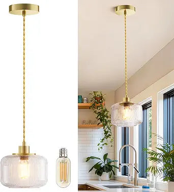 Glass Pendant Lights Kitchen Island with 7" Clear Striped Glass Lampshade