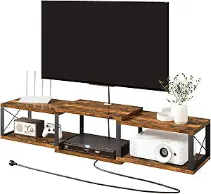 IBUYKE Floating TV Stand with Power Outlet,Wall-Mounted Floating Stand for TVs up to 55",Metal Entertainment Center,Wall Mounted TV Shelf with Storage for Living Room Bedroom,Rustic Brown UWST011H