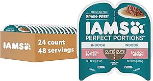 IAMS Perfect Portions Grain Free Wet Cat Food, Indoor Adult Cat Food Wet Cuts in Gravy, Salmon Recipe, (24) 2.6 oz. Twin-Pack Trays
