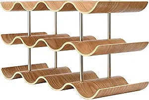Countertop Wine Rack - 12 Bottle Freestanding Wine Bottle Holder Stand - 3 Tier Wooden Wine Storage Rack - Wavy Wine Organizer for Cabinet Pantry Home Kitchen Bar