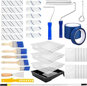 41 Pcs Paint Roller Kit with Extension Pole 2 to 4 ft Pole 4 9 Paint Rollers and Brushes Set 9 Painting Tray 12 x 9 ft Plastic Drop Cloths Painting Tool Sets for Wall Home House Interior