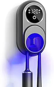 UV Toothbrush Sanitizer Holder, Auto-Sensor Wall-Mount Tooth Brush Cleaner with Heated Drying, 2 Slots LED Smart Screen for Bathroom (Black